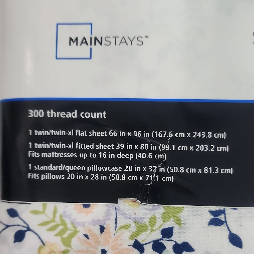 Mainstays Floral 300 Thread Count Sheet Set - White, Blue, and Pink T/Txl